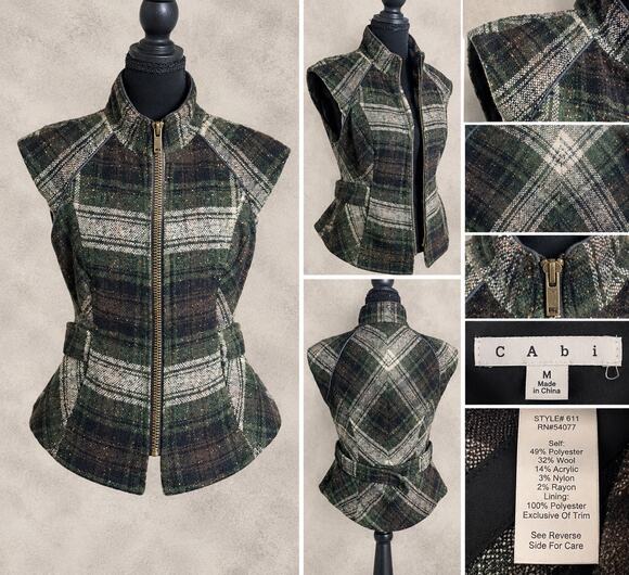 CAbi Jackets & Blazers - CAbi Womens M Wool Blend Plaid Tweed Zip Front Peplum Vest Dark Academia Chic